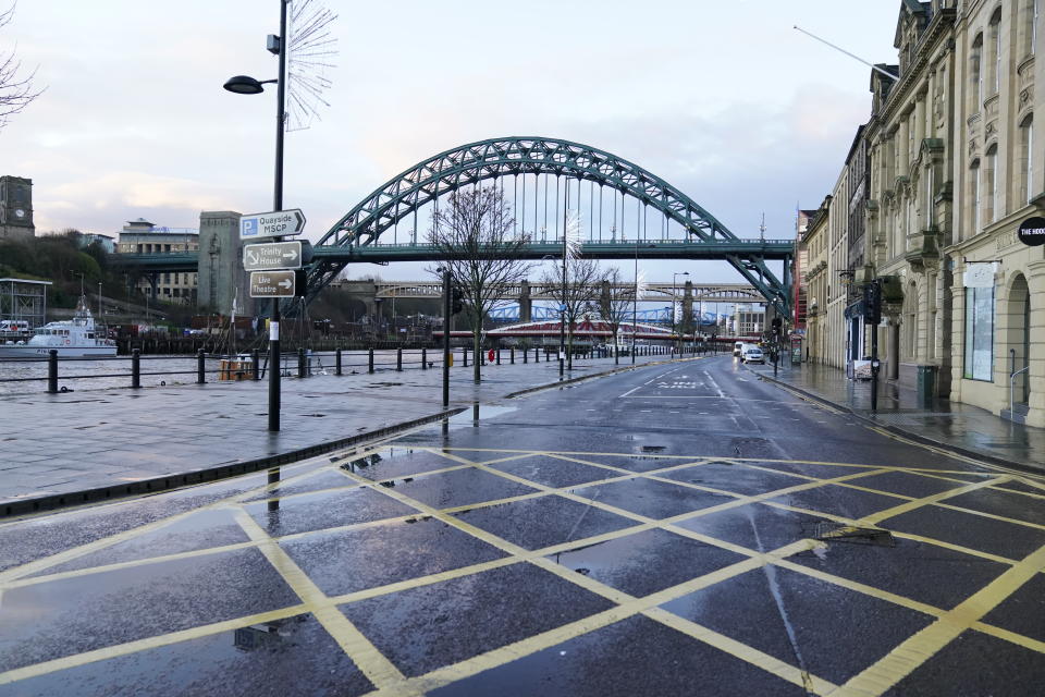 Empty streets and pavements on the Quayside in Newcastle upon Tyne the morning after Prime Minister Boris Johnson set out further measures as part of a lockdown in England in a bid to halt the spread of coronavirus. (Photo by Owen Humphreys/PA Images via Getty Images)