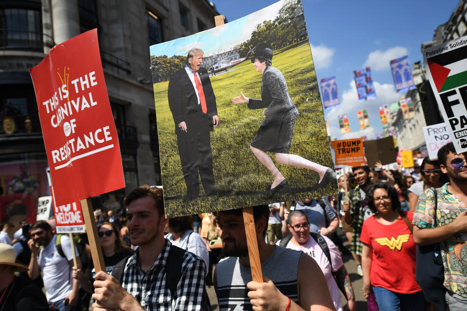<p>Protesters join a Women’s march in central London to demonstrate against President Trump’s visit to the UK, on July 13, 2018 in London, England. (Photo: Chris J. Ratcliffe/Getty Images) </p>