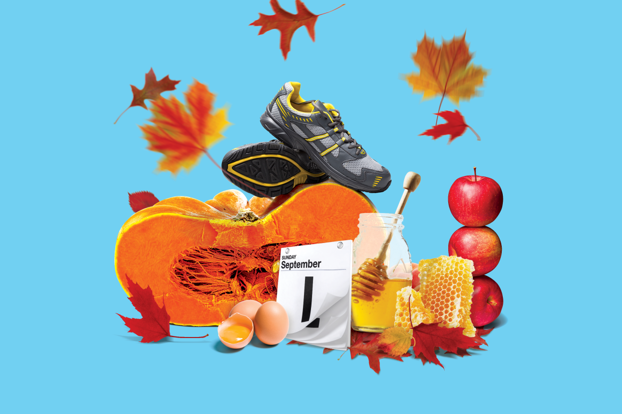 A photo illustration shows sneakers atop a pumpkin; eggs; a jar of honey; three stacked apples; and a calendar page reading: September 1.