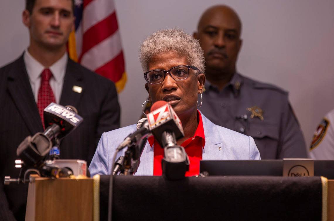 Durham County District Attorney Satana Deberry speaks during a press conference in 2019.