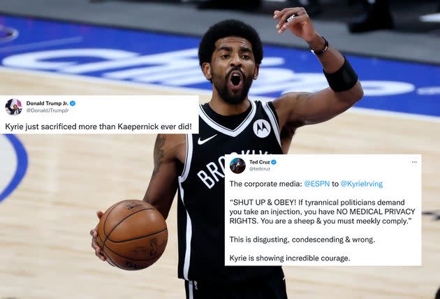 Le meneur de jeu NBA des Brooklyn Nets Kyrie Irving refuse de se faire vacciner contre le Covid. Une décision qui pousse son équipe à le mettre sur la touche, mais qui lui vaut le soutien de nombreuses personnalités conservatrices antivax. (Photo: Photo Reuters de Kevin Jairaj et captures d'écran Twitter)