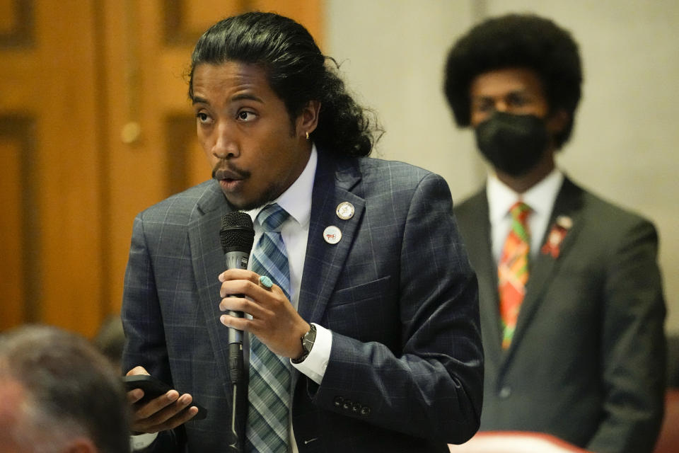 Rep. Justin Jones, D-Nashville, speaks from the House floor during a special session of the state legislature on public safety Monday, Aug. 28, 2023, in Nashville, Tenn. (AP Photo/George Walker IV)