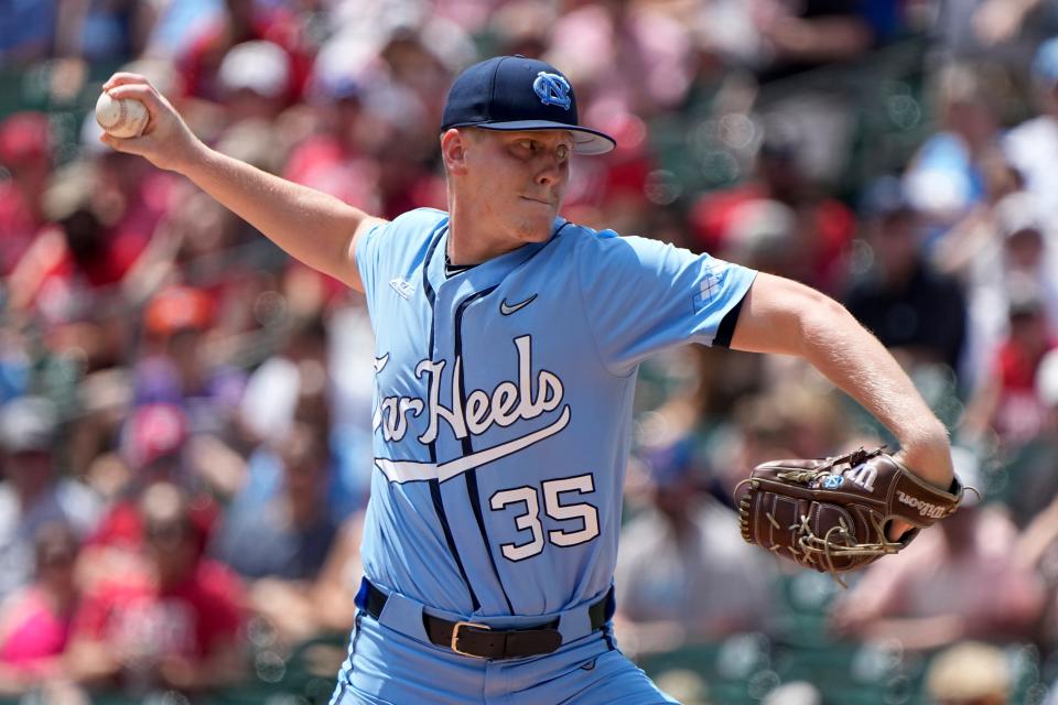 North Carolina starter Max Carlson picked up two pitching victories during the Tar Heels’ run to the ACC baseball tournament title. Here, he throws against NC State in the tournament championship game Sunday.