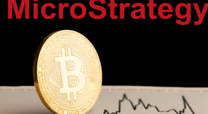 Bitcoin BTC representation coin with MicroStrategy (MSTR) text in background.