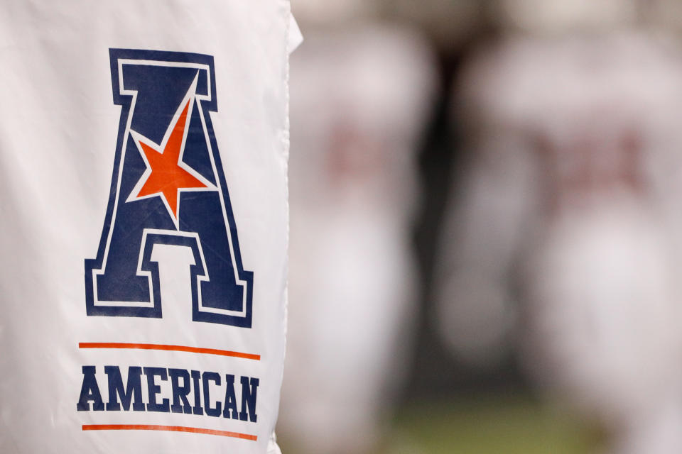 CINCINNATI, OH - OCTOBER 08: An American Athletic Conference logo hangs during the game against the Temple Owls and the Cincinnati Bearcats on October 8, 2021, at Nippert Stadium in Cincinnati, OH. (Photo by Ian Johnson/Icon Sportswire via Getty Images)