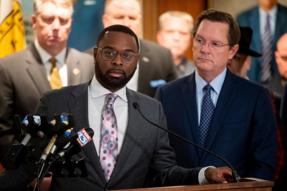 Mayor Paul Young and Tennessee House Speaker Cameron Sexton answer questions from the media during a press conference where Sexton announced plans to introduce a bill that would amend the state constitution and allow judges to not set bail for a wider variety of violent charges at Memphis City Hall on Friday, January 26, 2024.
