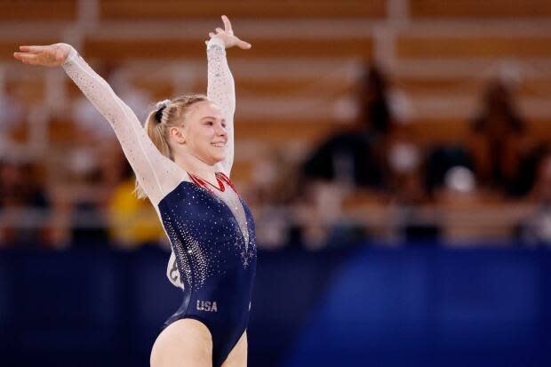 American Jade Carey reacts after competing during the women's floor exercise final at Ariake Gymnastics Centre on Monday. (Adam Pretty/Getty Images - image credit)