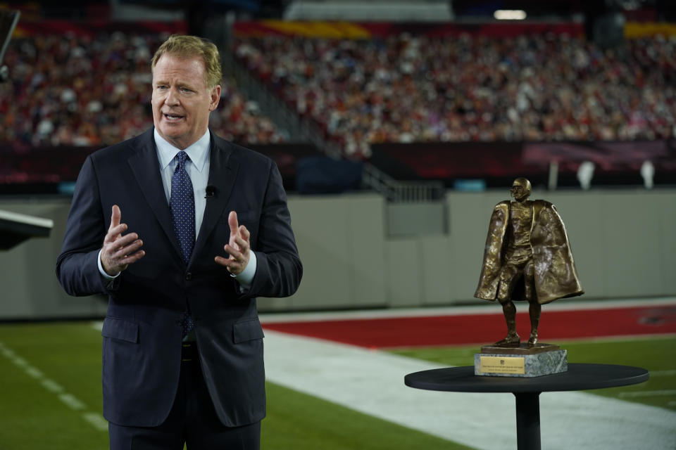 Commissioner Roger Goodell talks about the Walter Payton NFL Man of the Year award during the NFL Honors ceremony as part of Super Bowl 55 Friday, Feb. 5, 2021, in Tampa, Fla. (AP Photo/Charlie Riedel)