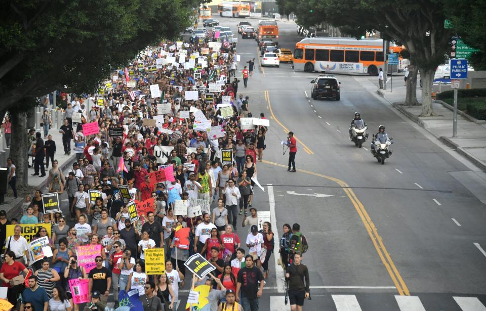 Young immigrants, activists and supporters of the DACA program march through downtown Los Angeles, California on September 5, 2017. (Photo: FREDERIC J. BROWN via Getty Images)