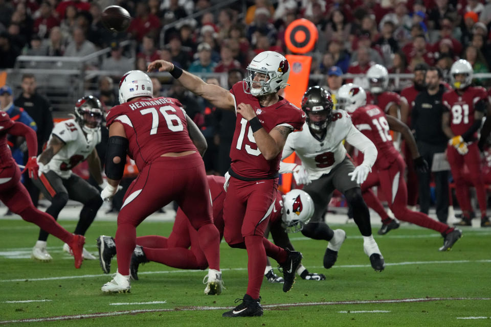 Arizona Cardinals quarterback Trace McSorley (19) throws against the Tampa Bay Buccaneers during the first half of an NFL football game, Sunday, Dec. 25, 2022, in Glendale, Ariz. (AP Photo/Rick Scuteri)