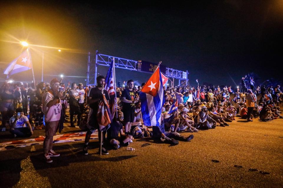 People block Palmetto Expressway during a protest showing support for Cubans demonstrating against their government, in Miami, on July 13, 2021.