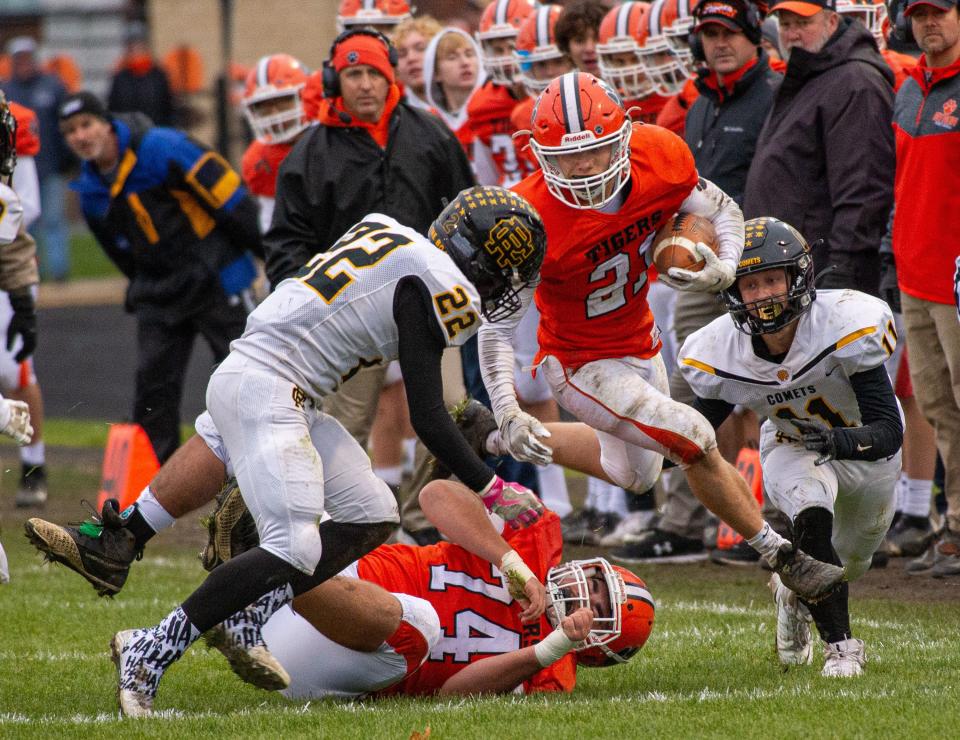 Byron's Chandler Binkley runs down the sideline during the fourth quarter of the Class 3A state quarterfinal game against Reed-Custer in Byron on Saturday, Nov. 13, 2021. Byron won 28-24.