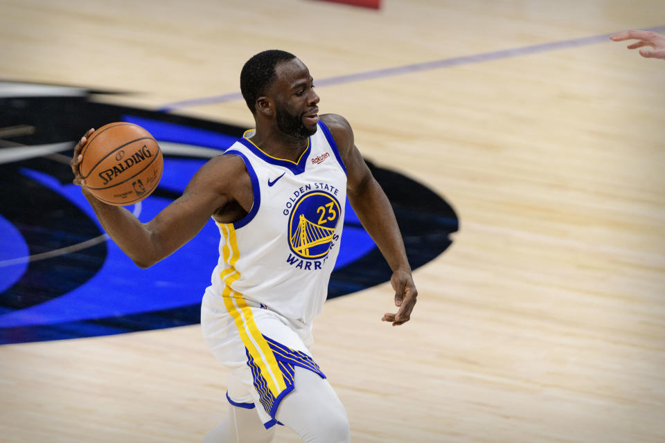 Feb 6, 2021; Dallas, Texas, USA; Golden State Warriors forward Draymond Green (23) in action during the game between the Dallas Mavericks and the Golden State Warriors at the American Airlines Center. Mandatory Credit: Jerome Miron-USA TODAY Sports