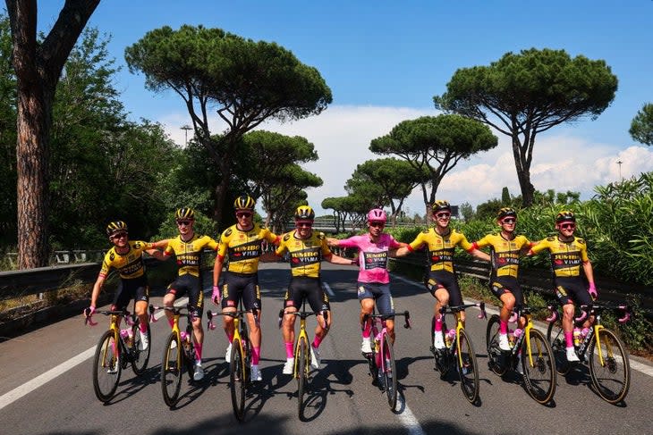 <span class="article__caption">Jumbo-Visma celebrates Giro victory. Will the yellow jersey be next? (Photo by LUCA BETTINI/AFP via Getty Images)</span>