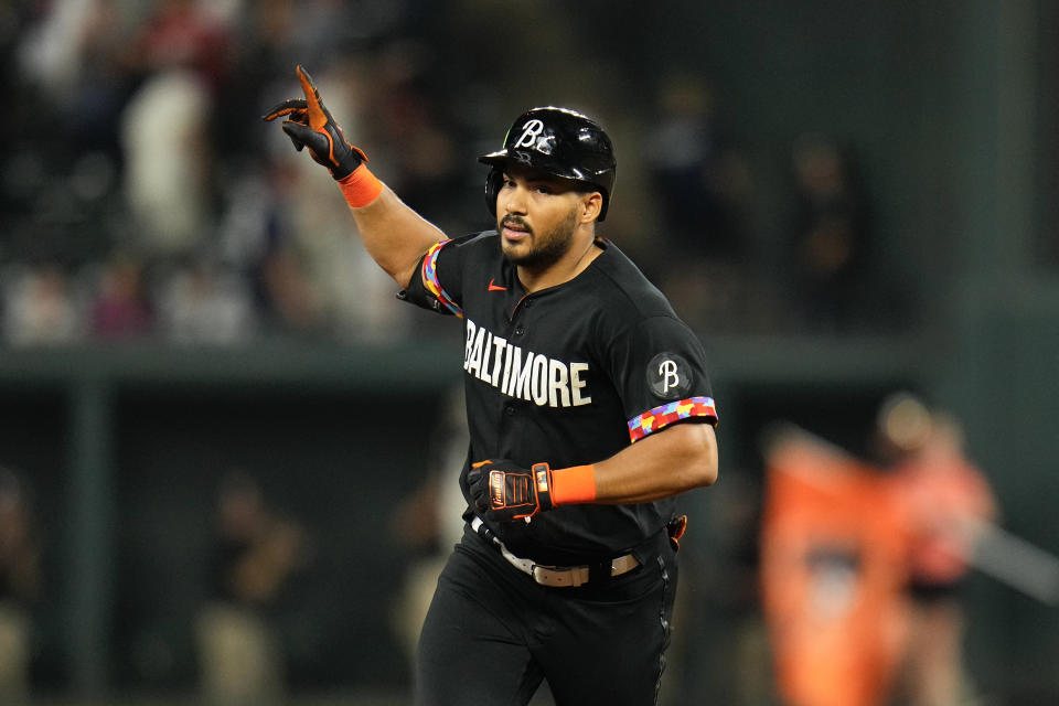 Baltimore Orioles' Anthony Santander runs the bases after hitting a walk-off solo home run off New York Yankees relief pitcher Tommy Kahnle during the ninth inning of a baseball game, early Saturday, July 29, 2023, in Baltimore. The Orioles won 1-0. (AP Photo/Julio Cortez)