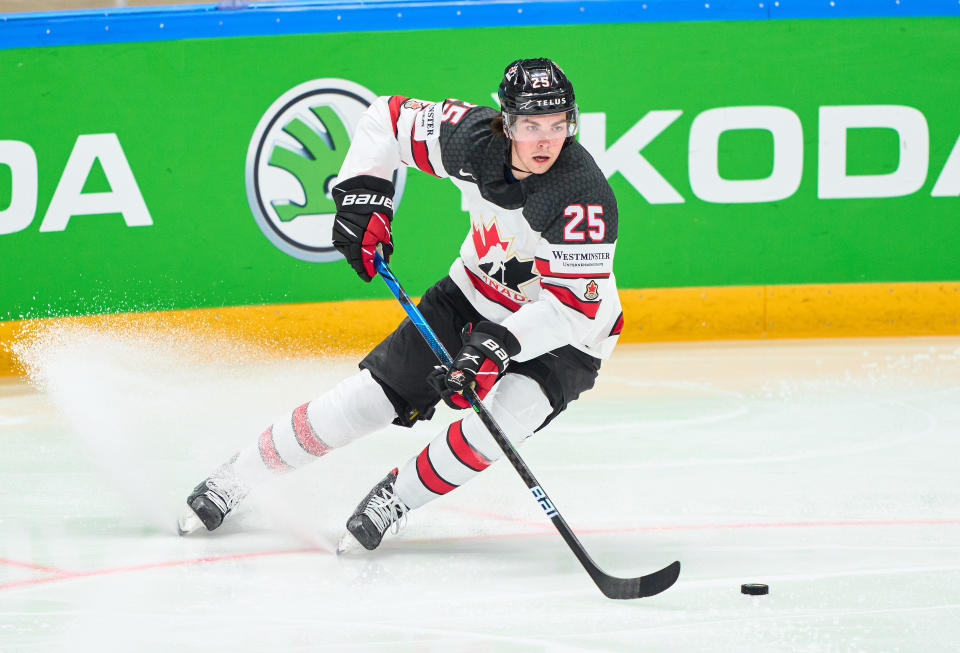 RIGA, LATVIA - JUNE 05:  Owen Power #25 of Canada in action during the 2021 IIHF Ice Hockey World Championship Semi Final game between USA and Canada at Arena Riga on June 5, 2021 in Riga, Latvia. Canada defeated the United States 4-2. (Photo by EyesWideOpen/Getty Images)