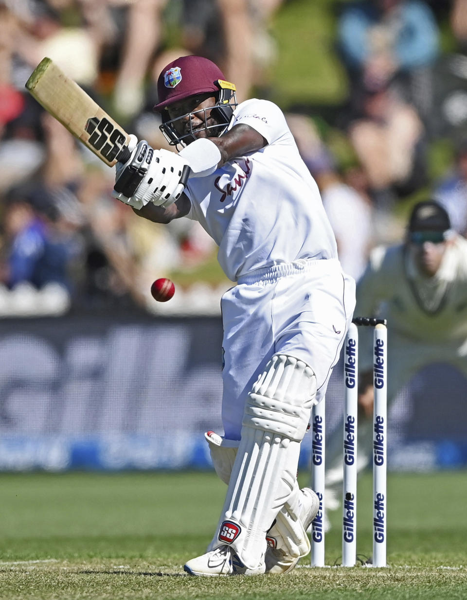 West Indies' Jermaine Blackwood bats against New Zealand during play on the second day of their second cricket test at Basin Reserve in Wellington, New Zealand, Saturday, Dec. 12, 2020. (Andrew Cornaga/Photosport via AP)