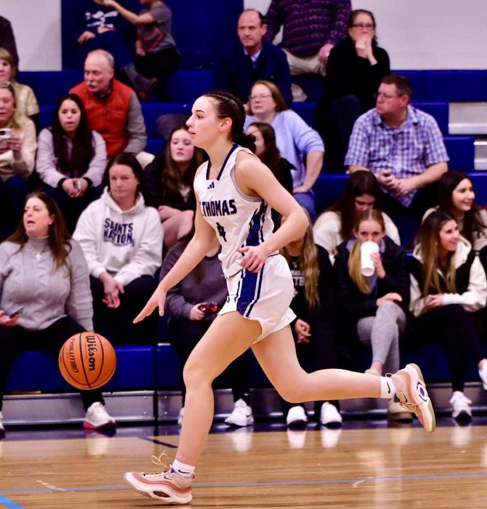 Senior Audrey Verde brings the ball up the court during Tuesday's Division III girls basketball game against Raymond.