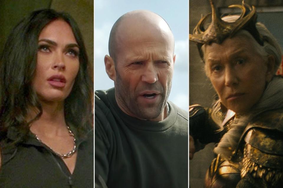 <p>Alamy, Everett (2)</p> Megan Fox in "EXPEND4BLES"; Jason Statham in "Meg 2: The Trench"; Helen Mirren in "Shazam! Fury of the Gods"