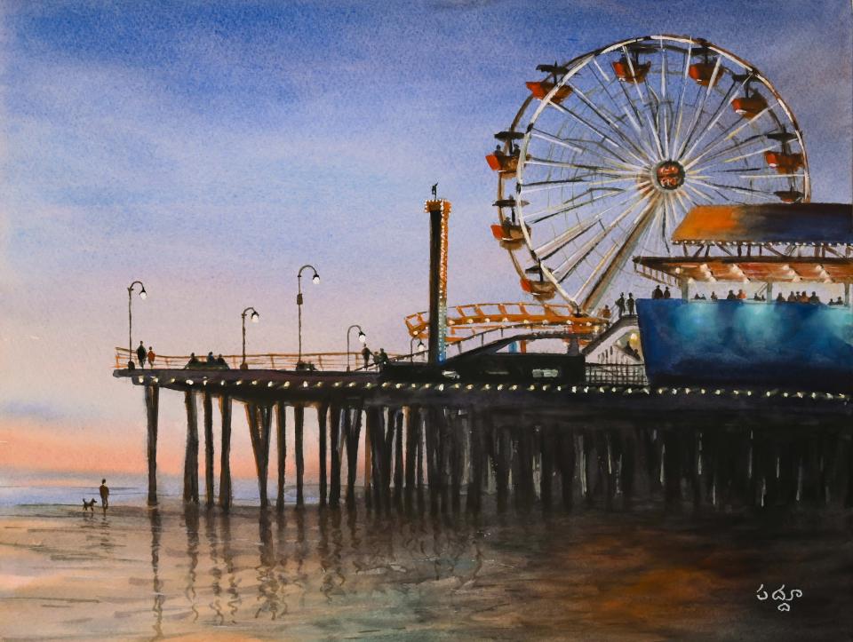 A water coloring painting of a boardwalk by Padma Aleti.