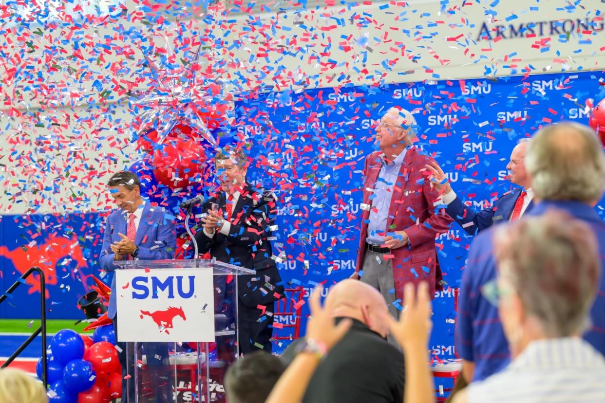 SMU AD Rick Hart, president Gerald Turner, board chairman David Miller and VP Brad Cheves look on during SMU's celebration after joining the ACC. (Credit: SMU athletics)