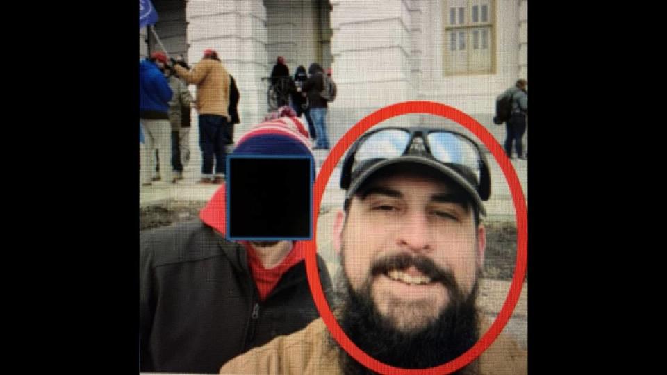 Federal authorities say this photo shows Devin Kiel Rossman of Independence outside the Capitol on Jan. 6, 2021. The photo was in Rossman’s Facebook account.