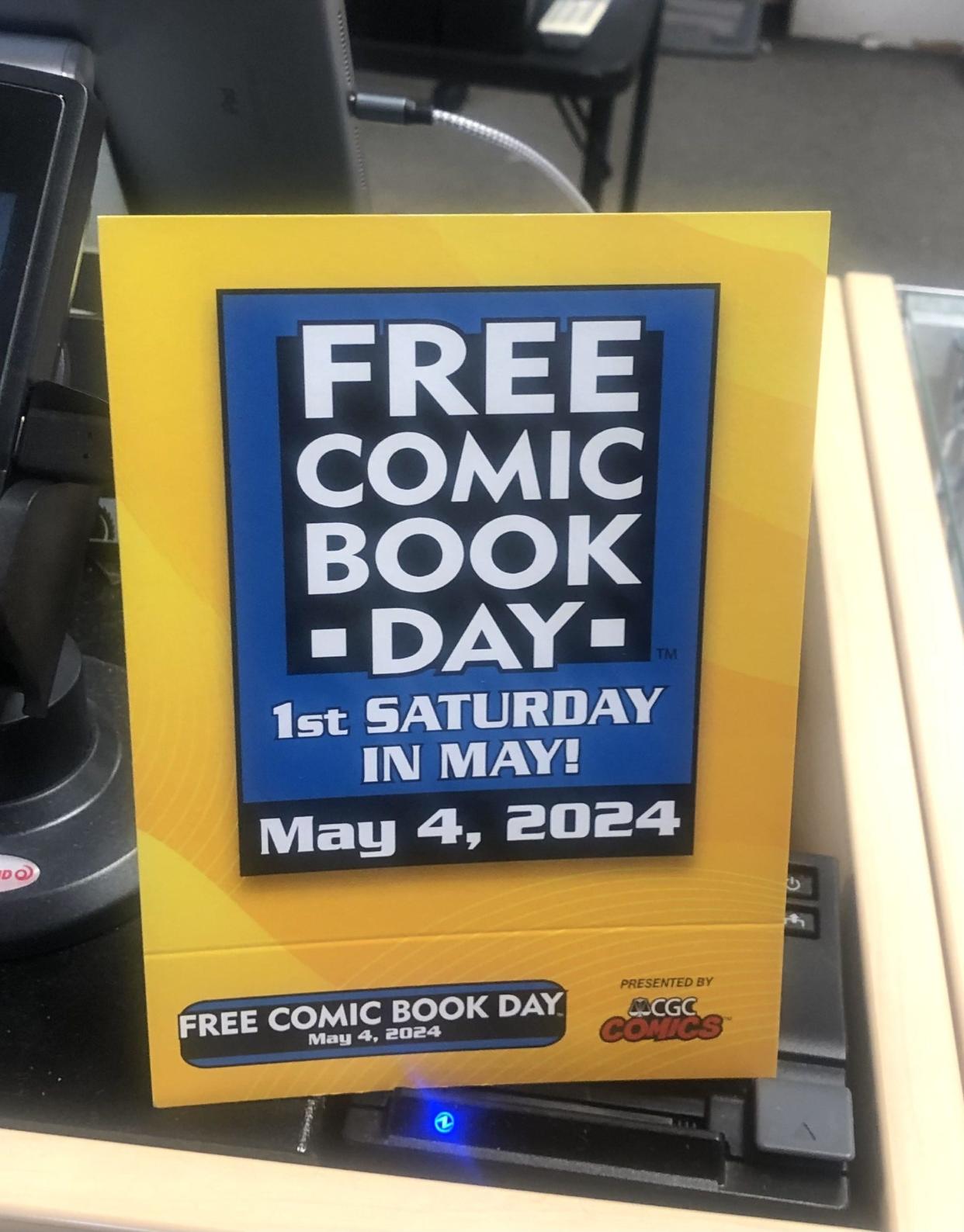This placard promoting Saturday's observance of "Free Comic Book Day" was present Tuesday at Gatekeeper Hobbies: Cards and Games, 1917 S.W. Gage Blvd.