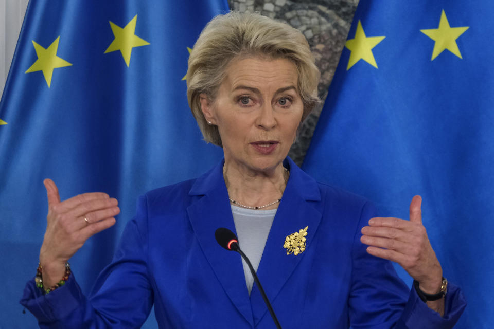 European Commission President Ursula von der Leyen speaks to the media during a joint news conference after talks with Montenegro's President Jakov Milatovic in Montenegro's capital Podgorica, Tuesday, Oct. 31, 2023. Von der Leyen is on a one day official visit to Montenegro. (AP Photo/Risto Bozovic)
