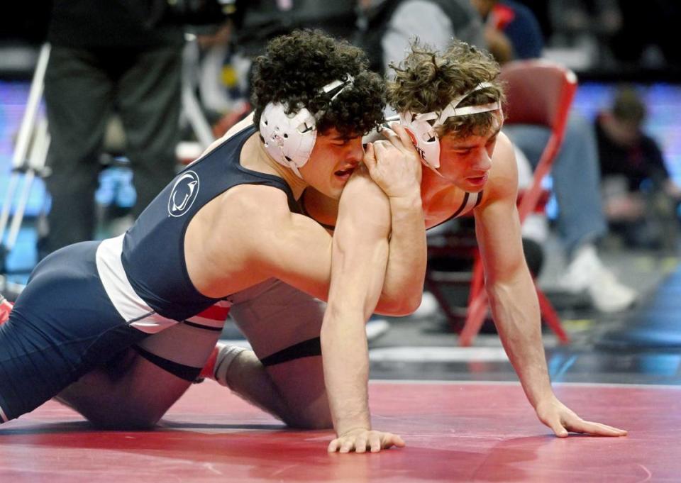 Penn State’s Beau Bartlett wrestles Ohio State’s Jesse Mendez in the 141 lb championships bout of the Big Ten Wrestling tournament at the Xfinity Center at the University of Maryland on Sunday, March 10, 2024.