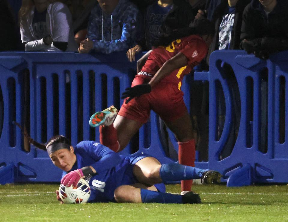 BYU goalkeeper Lynette Hernaez (00) makes a save against USC during the second round of the NCAA championship in Provo on Thursday, Nov. 16, 2023. BYU won 1-0. | Jeffrey D. Allred, Deseret News