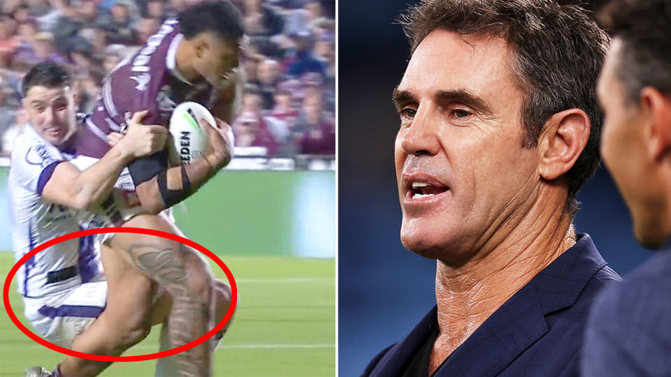 Pictured right is NRL great Brad Fittler and the left image shows a hip-drop incident during Manly's 18-8 win over Melbourne. 