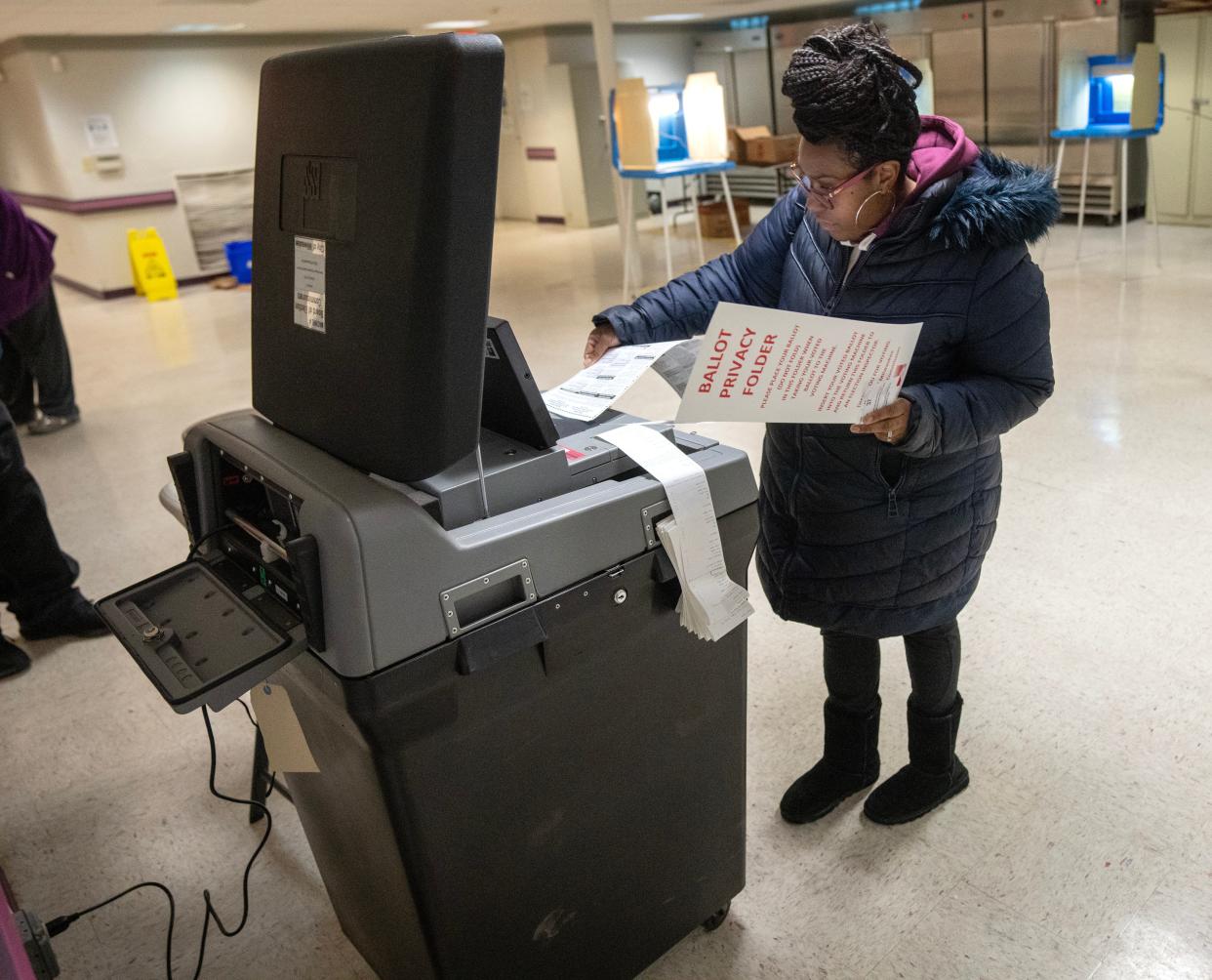 A woman casts her ballot for the spring and presidential preference election Tuesday, April 2, 2024 at The New Hope Missionary Baptist Church, 2433 W. Roosevelt Dr. in Milwaukee, Wisconsin. In addition to local races, voters everywhere will weigh in on two statewide referendum questions that ask about private funding in election administration and the role of election officials.