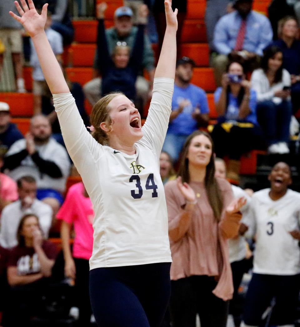 PCA's McKenna Shotwell (34) celebrates a point against MTCS In a Division II A semifinal volleyball match at MTCS during the volleyball state tournament, on Wednesday, Oct. 18, 2023.