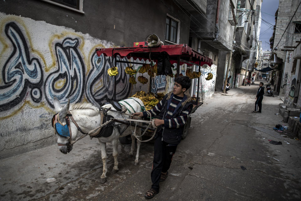 A Palestinian boy sells bananas on a donkey carte in an alley in the Shati refugee camp, in Gaza City, Wednesday, Nov. 25, 2020. Israel's blockade of the Hamas-ruled Gaza Strip has cost the seaside territory as much as $16.7 billion in economic losses and caused its poverty and unemployment rates to skyrocket, a U.N. report said Wednesday, as it called on Israel to lift the 13-year closure. (AP Photo/Khalil Hamra)