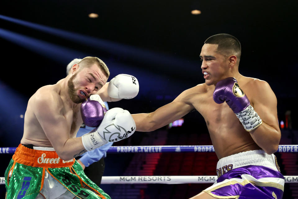 Gabriel Flores Jr. knocks down Matt Conway in the first round during their junior lightweight bout on February 22, 2020 at MGM Grand Garden Arena. (Photo by Al Bello/Getty Images)