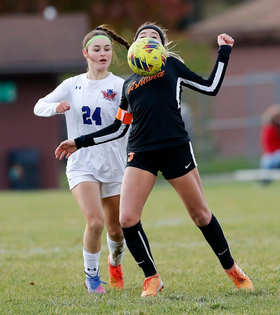 Ashland High School's Karissa Beverly (3) setttles the ball in front of Springfield High School's Calie Garrow (24) during high school girls soccer action at Ashland Community Soccer Stadium Wednesday, Oct. 19, 2022. TOM E. PUSKAR/ASHLAND TIMES-GAZETTE