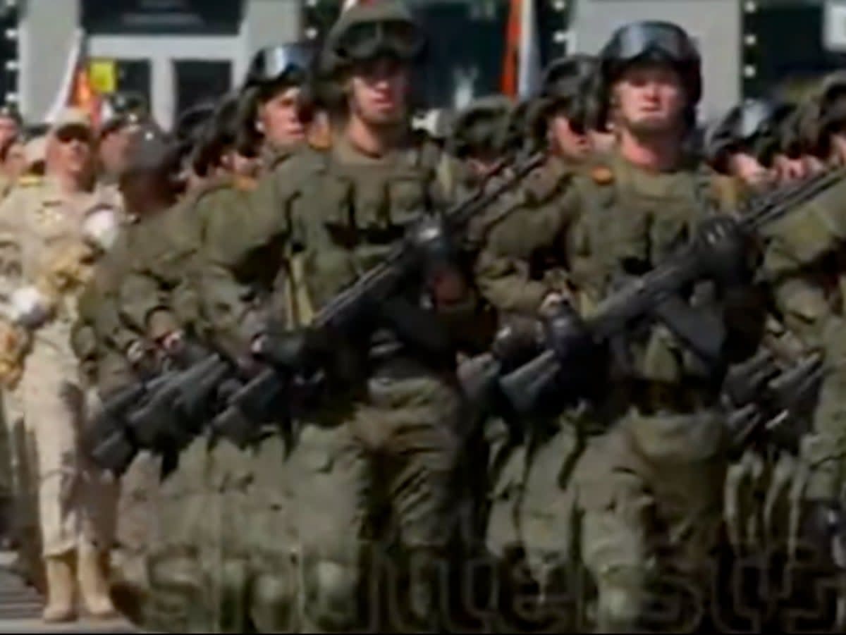 Russian soldiers marching in a victory parade. Clips from the footage were used by Republican Senate candidate Kari Lake in a campaign ad promising to deploy the National Guard to secure the southern border of Arizona (screengrab/Shutterstock)