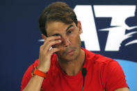 Rafael Nadal of Spain holds a press conference after losing to Novak Djokovic of Serbia during their ATP Cup tennis match in Sydney, Sunday, Jan. 12, 2020. (AP Photo/Steve Christo)