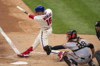 Philadelphia Phillies' Mickey Moniak hits a three-run home run during the second inning of a baseball game against the San Francisco Giants, Wednesday, April 21, 2021, in Philadelphia. (AP Photo/Chris Szagola)