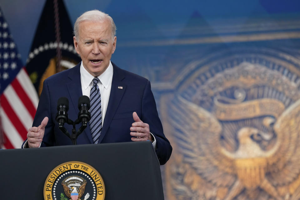 President Joe Biden speaks about his administration's plans to combat rising gas prices in the South Court Auditorium on the White House campus, Thursday, March 31, 2022, in Washington. (AP Photo/Patrick Semansky)