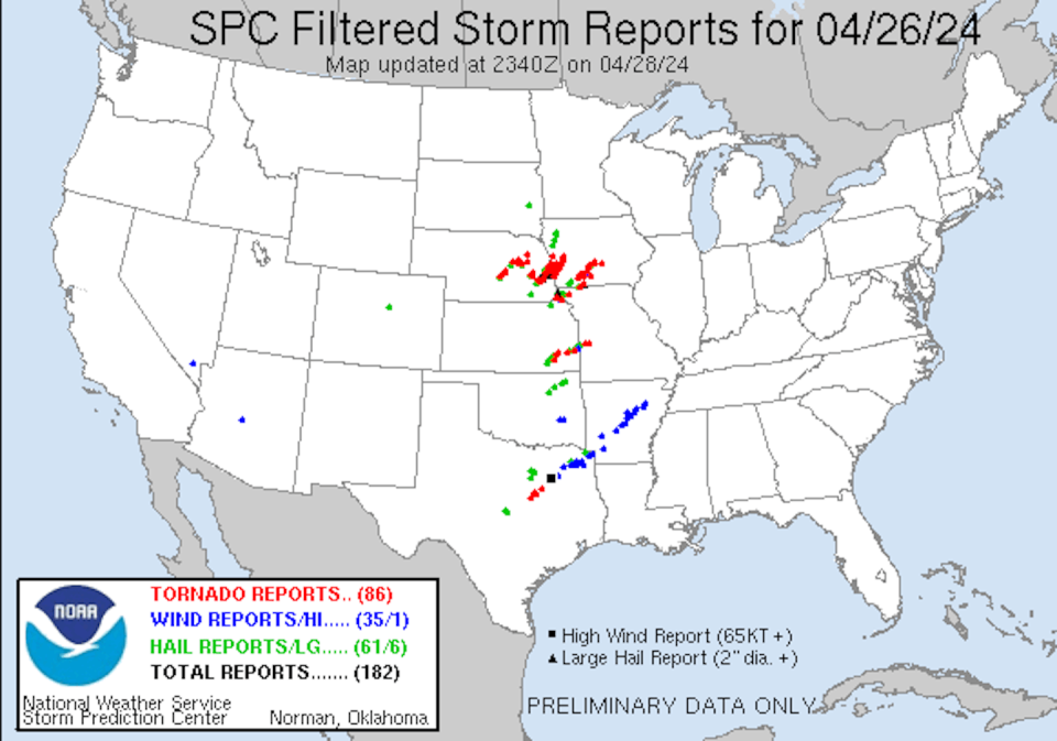 Preliminary reports of tornadoes and hail during severe storms on April 26, 2024, collected by the National Oceanic and Atmospheric Administration’s Storm Prediction Center. <a href="https://www.spc.noaa.gov/exper/archive/event.php?date=20240426" rel="nofollow noopener" target="_blank" data-ylk="slk:NOAA;elm:context_link;itc:0;sec:content-canvas" class="link ">NOAA</a>