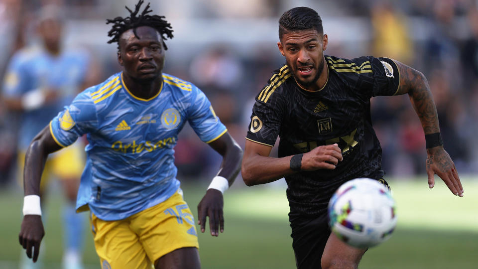 Denis Bouanga of LAFC and Olivier Mbaizo of Philadelphia Union battle for the ball during the 2022 MLS Cup Final. (Photo by Omar Vega/Getty Images)