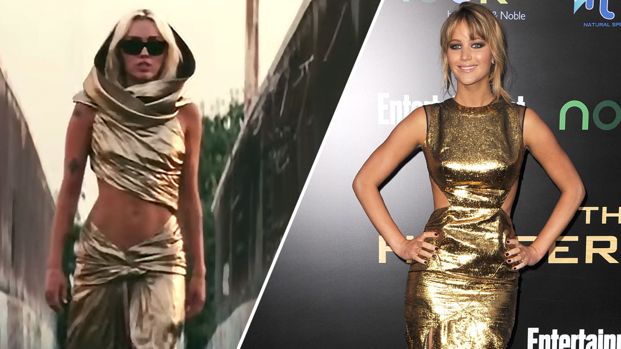 The two gold dresses in question on Miley Cyrus and Jennifer Lawrence. (Photo: Miley Cyrus via YouTube, Getty Images))