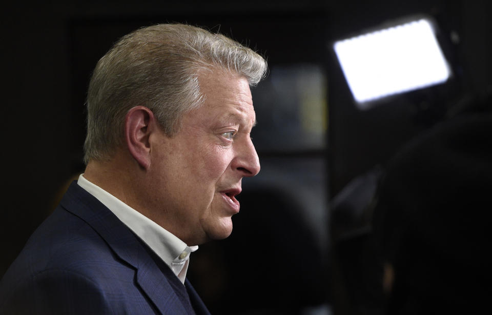 Former U.S. Vice President Al Gore is interviewed at the premiere of the film "An Inconvenient Sequel: Truth to Power," at the Eccles Theater during the 2017 Sundance Film Festival on Thursday, Jan. 19, 2017, in Park City, Utah. (Photo by Chris Pizzello/Invision/AP)