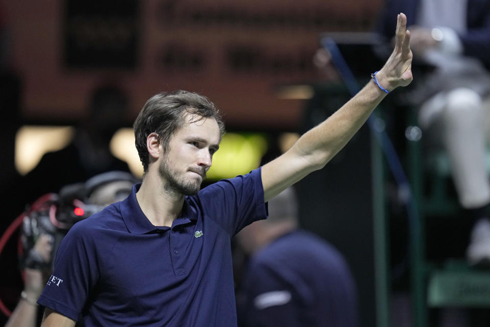 Russian Tennis Federation's Daniil Medvedev celebrates after beating Croatia's Marin Cilic to win the Davis Cup tennis final at the Madrid Arena in Madrid, Spain, Sunday, Dec. 5, 2021. (AP Photo/Bernat Armangue)