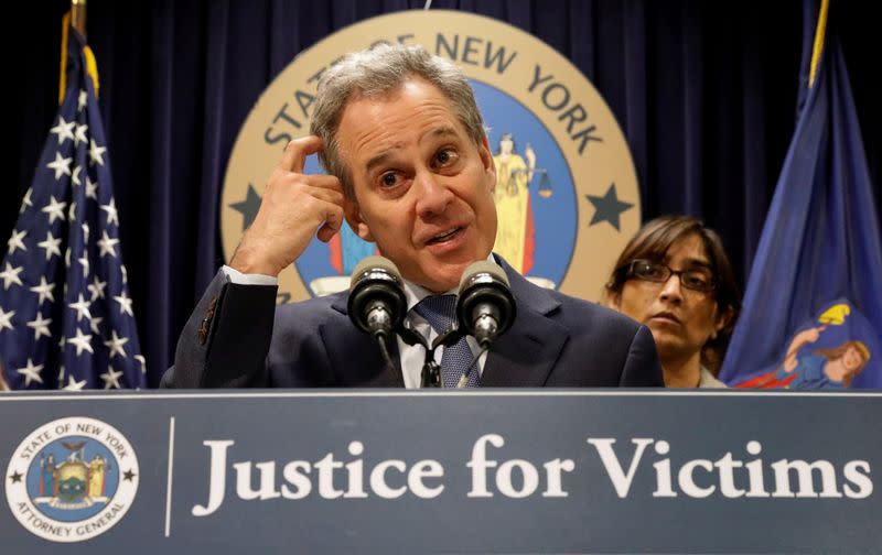 FILE PHOTO: New York Attorney General Eric Schneiderman speaks during a news conference to discuss the civil lawsuit filed against The Weinstein Companies and Harvey Weinstein in New York