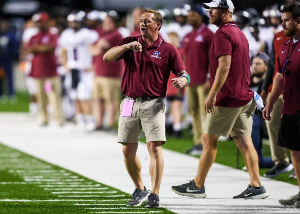White Knoll Timberwolves head coach Nick Pelham directs his team during the 5A State Championship Game Friday, Dec. 1, 2023, at South Carolina State’s Oliver Dawson Stadium in Orangeburg, SC.