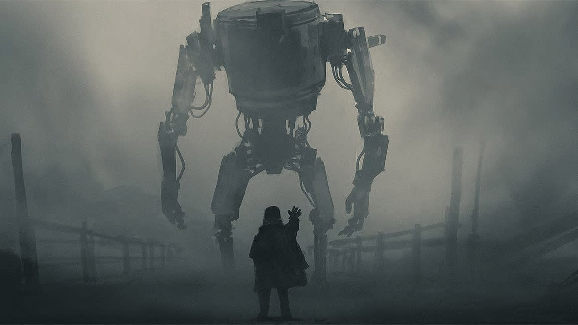  The Creator; a child stands in front of a large robot. 