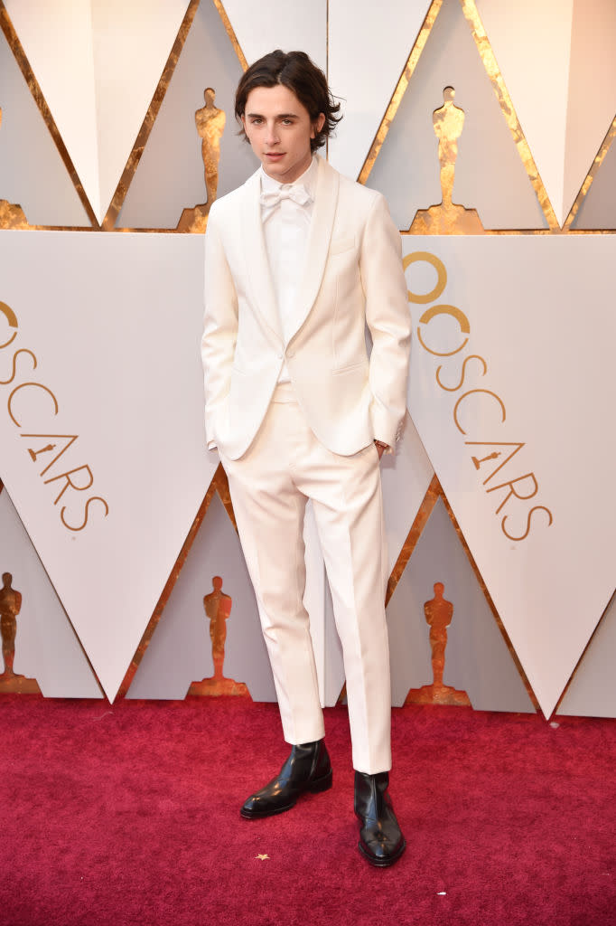 <p>The <em>Call Me By Your Name</em> actor joined the all-white movement with a Berluti suit. (Photo: Getty Images) </p>