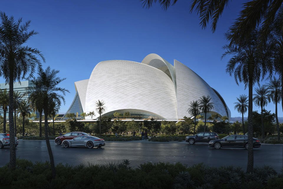 The Oakland Athletics and their design teams released renderings Tuesday, March 5, 2024 of the club's planned $1.5 billion stadium in Las Vegas that show five overlapping layers with a similar look to the famous Sydney Opera House. (Negativ via AP)